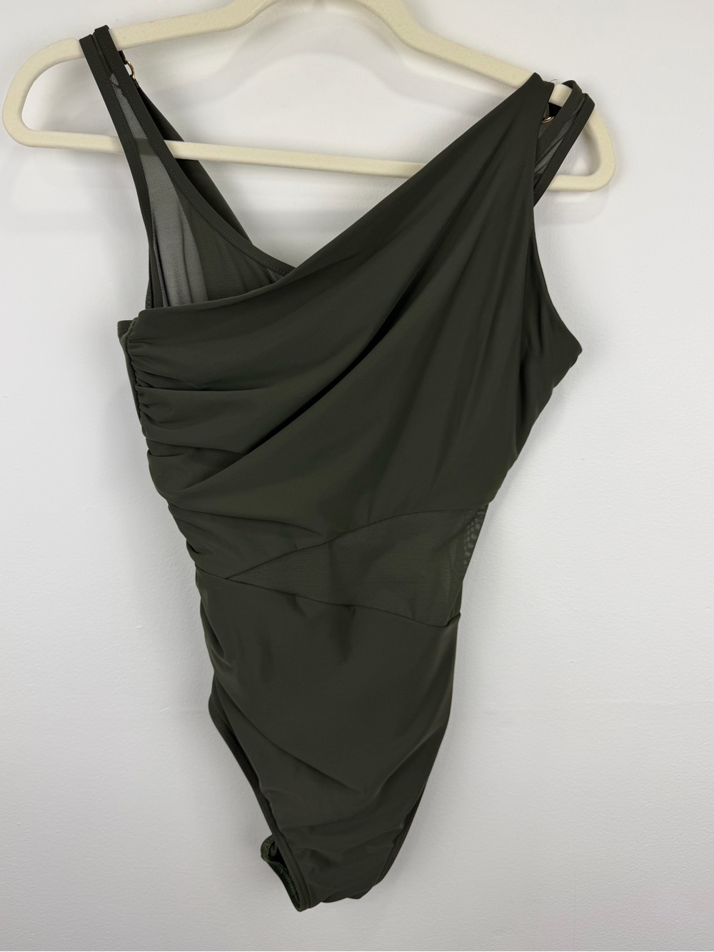 Miraclesuit Olive Green One Shoulder Draped Mesh One Piece Swimsuit Size 10